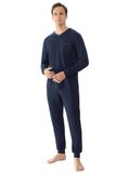 Mey Herren Pyjama Lang Serie Pure Night Yacht Blue Effen Lange Mouw Katoen Maat L