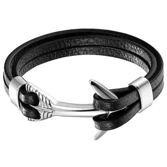 Mendes Lookinggoodtoday Leren Anker armband Mannen Mendes Edelstaal Zilverkleurig Zwart