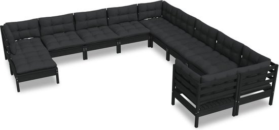 vidaXL 11-delige Loungeset met kussens grenenhout zwart