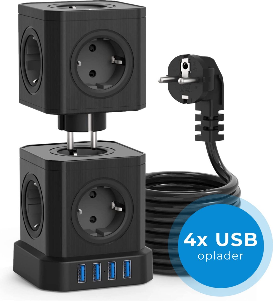 Voomy Toren Cube Stekkerdoos met Schakelaar - Stapel design - 4 USB Laders - 10 Stopcontacten - Zwart