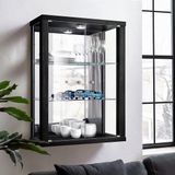 K-Möbel Vitrinekast hangend met 2 deuren, 2 in hoogte verstelbare glasplanken & spiegel - Vitrinekast met led verlichting - 80x60x25 cm - Zwart