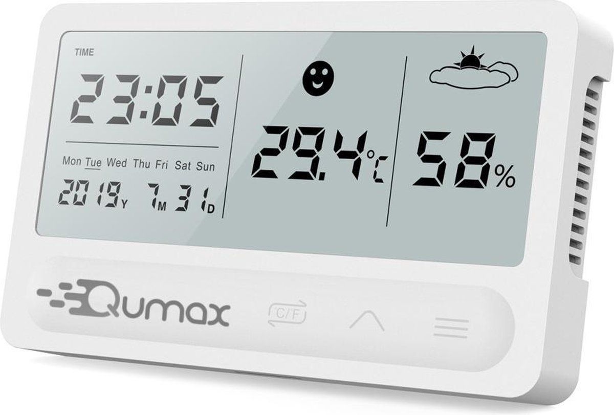 Qumax Digitale Hygrometer Binnen - Thermometer voor binnen - Luchtvochtigheidsmeter met halfjaar Accu - Wit