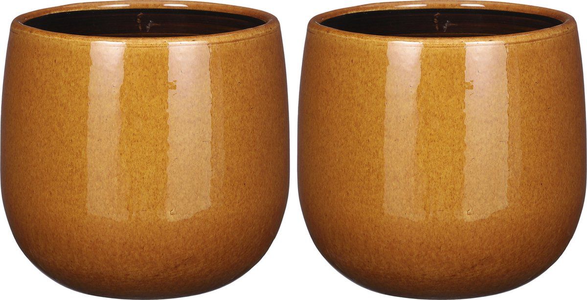 Mica Decorations Plantenpot - 2 stuks - Keramiek - Okergeel - D21/H19 cm