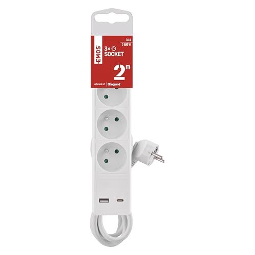 EMOS - Stekkerdoos 3-voudig met USB-opladen en 2 m kabel, Franse standaard