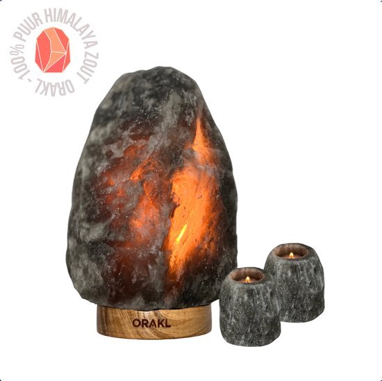 Orakl® - Dimbare Himalaya Zoutlamp Meteor – Exclusive Combinatieset – Met Dimmer - 100% Himalayazout - Zoutlamp Himalayazout – Zoutlamp Grijs - Zoutlampen - Zoutsteen – Incl. 2 Waxinelichthouders