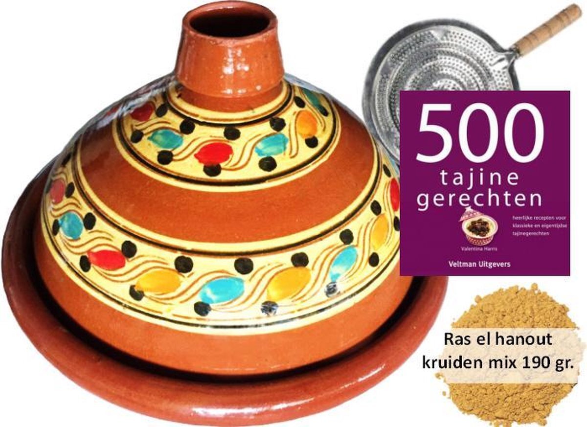 marocstore.nl Tajine set voor 4 personen - 190 gr kruiden - incl. kookboek - vlammenverdeler