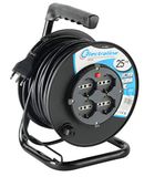 Electraline 49027 Verlengkabel met kabelhaspel, 25 m, 4 multifunctionele stopcontacten (Schuko + 10/16 A), grote stekker 16 A, met bescherming, zwart - kabeldoorsnede 3 G 1,5 mm²