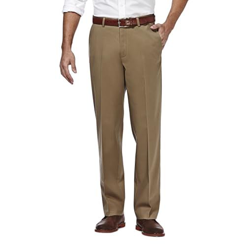 Haggar Men's Premium No Iron Classic Fit Expandable Waist Plain Front Pant, British Khaki, 34W x 32L