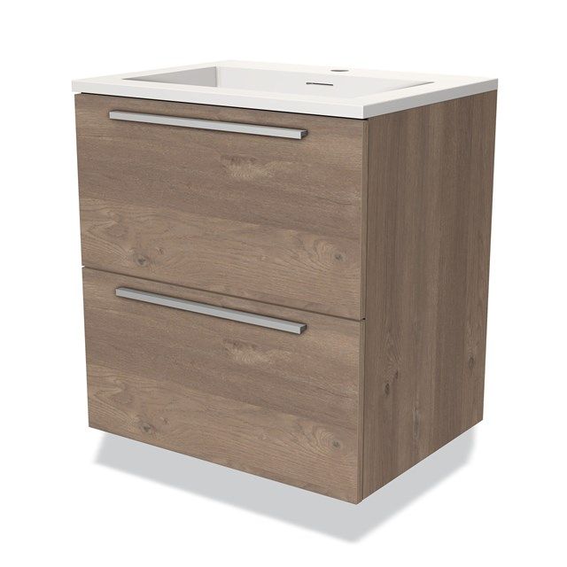 Maxaro Badkamermeubel 60cm Modulo Middenbruin Eiken 2 Lades Vlak Wastafel Solid Surface