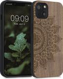 kwmobile telefoonhoesje geschikt voor Apple iPhone 13 - Houten Back Cover - Donkerbruin Opkomende Zon design