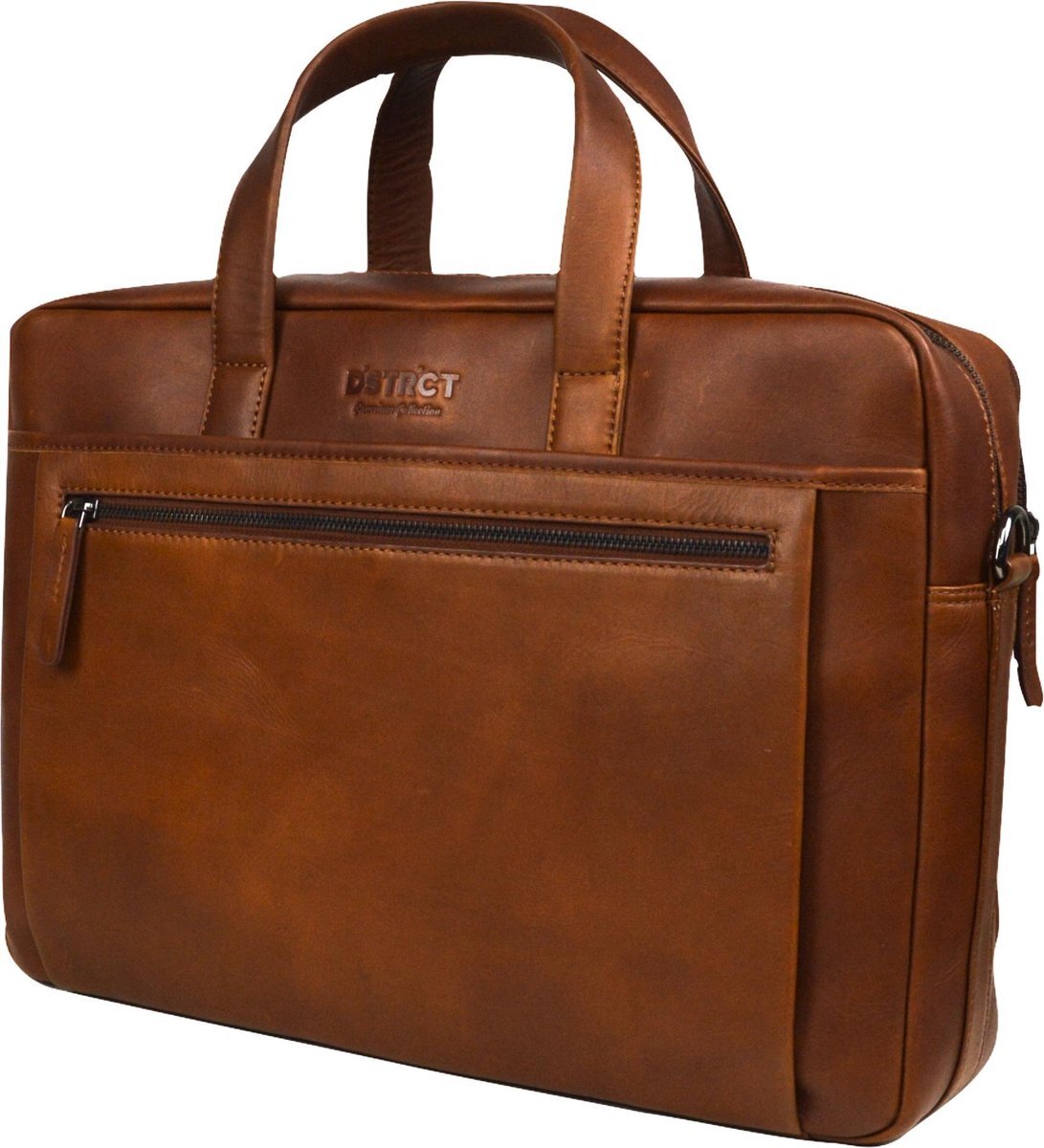 DSTRCT Lederen Business Laptoptas - 17 inch laptopvak met rits - Cognac - Luxe volnerf leder