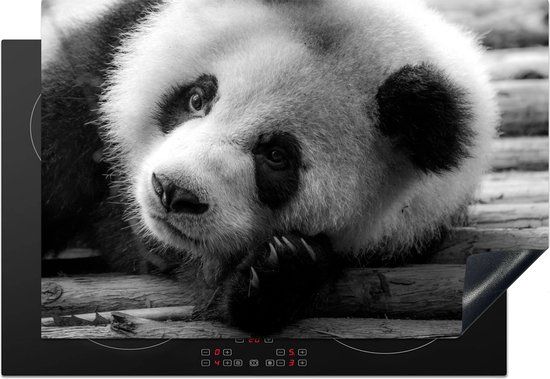 KitchenYeah® Inductie beschermer 77x51 cm - Rustende panda in het zwart-wit - Inductiebeschermer