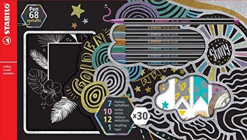 Stabilo Pen 68 metallic viltstift, creatieve doos met premium metallic, 30-delige set, 7 x pen 68 metallic, 10 x donkere kaarten, 12 x stickers, 1 x Washi Tape