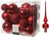 Kaemingk B.V. Décoration de Noël boules de Noël en plastique rouge 6-8-10 cm paquet de 27x pièces - Avec étoile brillante en verre de 26 cm