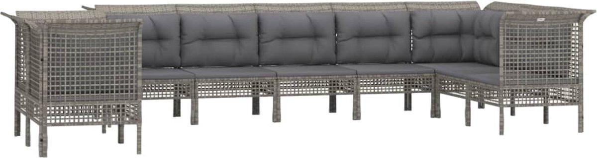 vidaXL 9-delige Loungeset met kussens poly rattan grijs