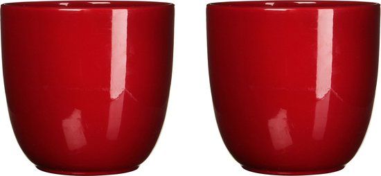 Mica Decorations - Set of 2 - Ceramic Flower Pots - Glossy Dark Red - 16x17cm