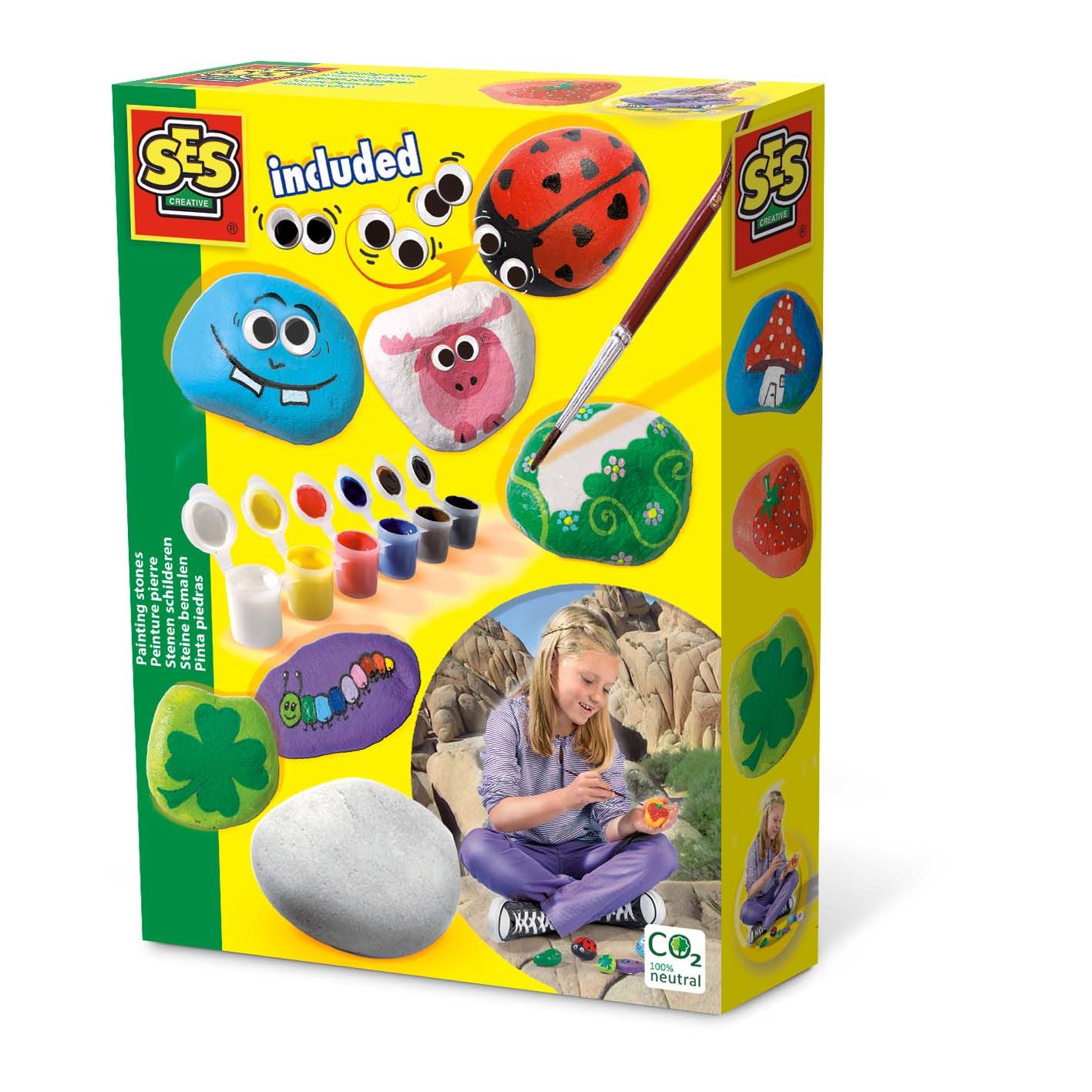SES Stenen schilderen - Knutselset voor kinderen - 5 stenen, 6 kleuren verf, penseel, lijm en wiebeloogjes