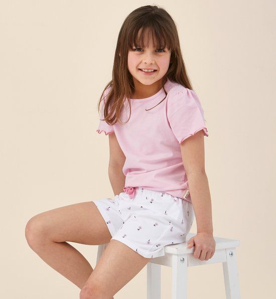 Little Label Zomer Pyjama Meisjes Wit Bloemetjes 122-128 / 8Y Extra Zachte Bio-Katoen