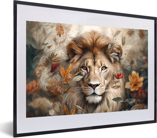 Fotolijst incl. Poster - Leeuw - Wilde dieren - Planten - Natuur - Bloemen - 60x40 cm - Posterlijst