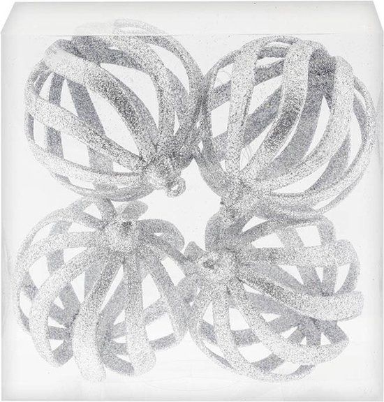 4x Silver Open Wire Christmas Balls with Glitter Plastic 8 cm - Silver Christmas Tree Decoration Christmas Balls