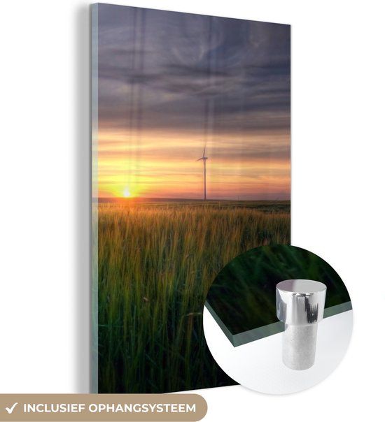 MuchoWow® Glass Painting 120x180 cm - Acrylic Glass Painting - Windmill - Sun - Grass - Photo on Glass - Paintings