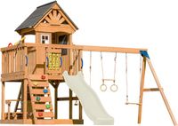 AXI Jack Speeltoestel met Dubbele Schommel en Trapeze Bruin – Crème Glijbaan – Zandbak, Picknicktafel, Speelkeuken en Klimwand – Telescoop en Stuur - FSC hout - Speelhuis op palen voor de tui
