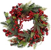 Mica Decorations Norah Décoration de Noël - Couronne de Noël avec Pommes de Pin et Baies Rouges - Couronne de porte pour couloir, porte d'entrée ou fenêtre - Décoration de Noël classique - H11 x Ø40 cm - Rouge