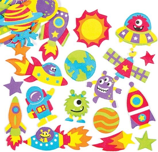 Baker Ross Foam stickers zonnestelsel. Creatieve educatieve set voor kinderen om ruimtevaartuigen te versieren en verfraaien 120 stuks