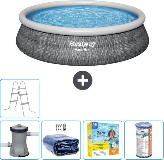 Bestway Fast Set Opblaasbaar Zwembad - Rotanprint - Ø457cm - Incl. Pomp, Solarzeil & Ladder