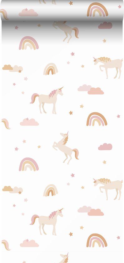 ESTAHome Behang Unicorns Wit, Zacht Roze en Okergeel - 53 cm x 10.05 m