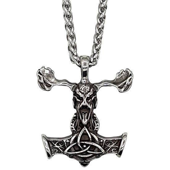 Tesoro Mio Michel Viking Ketting - Thor's Hamer Mjolnir met Triquetra En Schedel - Edelstaal - Zilver - 70 cm