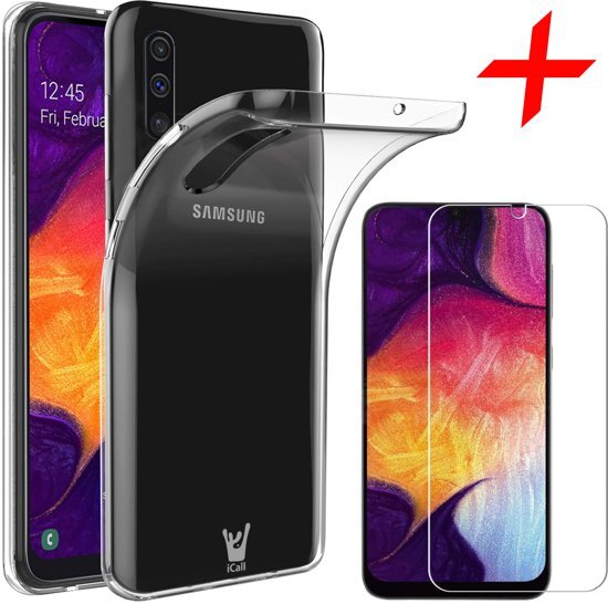iCall - Samsung Galaxy A50 Hoesje + Screenprotector Case-Friendly - Transparant Soft TPU Siliconen Gel Case met Tempered Glass Gehard Glas