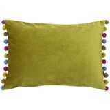 Riva Paoletti Fiesta rechthoekige kussenhoes - bamboegroen - veelkleurige pomponranden - faux fluweel - omkeerbaar - ritssluiting - 100% polyester - 35 x 50 cm