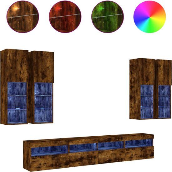 vidaXL 7-delige Tv-wandmeubelset met LED-verlichting Gerookt eiken