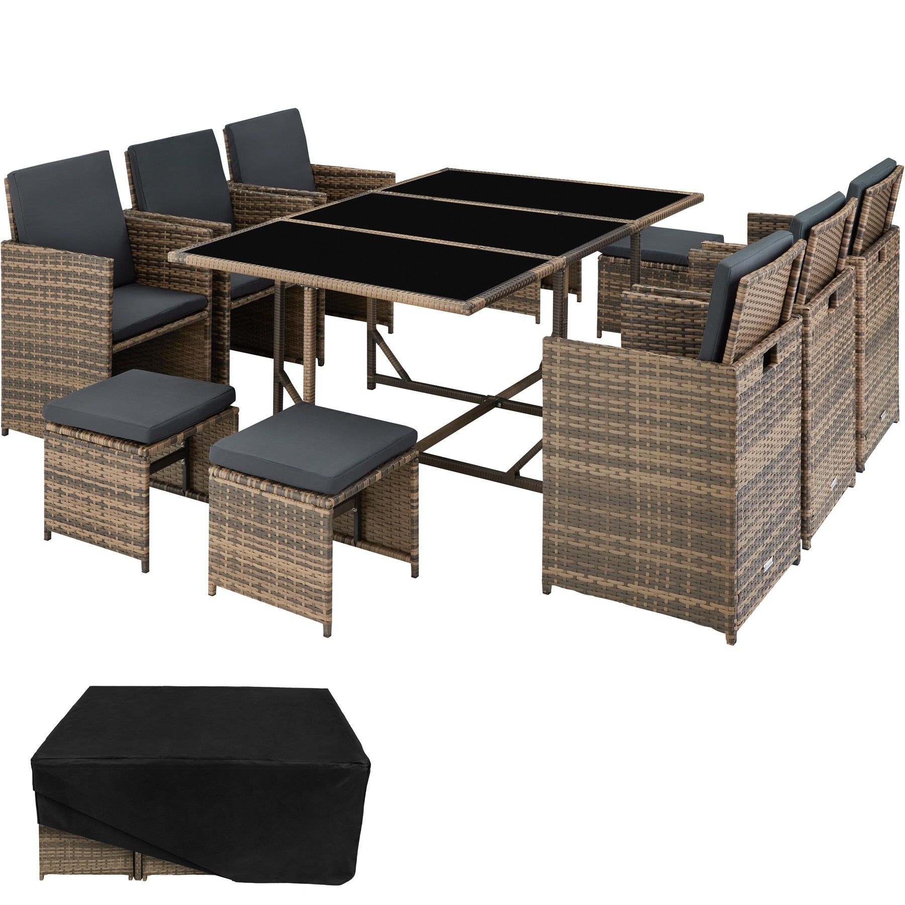tectake Zitgroep Malaga Wicker Tuinset - Bruin - 10 zitplaatsen - Inclusief tafel en beschermhoes