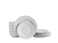 ECHTWERK 12-delig servies "New Modern", voor 4 personen, leisteenlook, van aardewerk, 4 dinerborden, 4 bijgerechtenborden, 4 kommen, wit