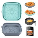 Alyvisun Bakvormen voor luchtfriteuse, 2 stuks siliconen bakvorm voor airfryer-container, herbruikbare vierkante mand, mat voor airfryer, magnetron, oven (lichtblauw + grijs)
