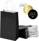 Packadi 50 x kleine papieren cadeautasjes 18x8x22 cm zwart + stickers « Hele fijne feestdagen » Kersttassen met handvat Kersttasje Kerst verpakking draagtassen