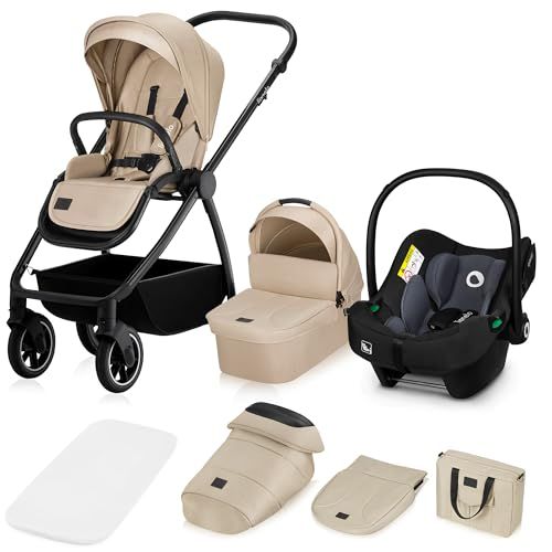 LIONELO Meril 3in1 Kinderwagen - Buggy, 0-48 mnd (tot 22kg) – ADAC Autostoel, XXL jaarronde Reiswieg met Draagfunctie, 360° All‑terrain Wielen vering, Universele Adapters, Reflectoren (Beige)