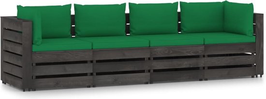 The Living Store Palletbank - Viertuiter - Houten bank - 69 x 70 x 66 cm - Groen kussen