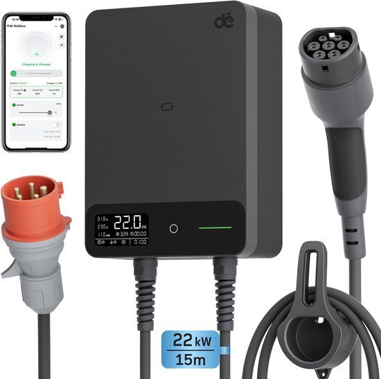 dé Shenzhen Yude Information Technology LLC. Laadpaal 22kW 32A 3 fase - Wallbox met APP, 15 meter Type 2 vaste kabel - EV-laadstation met Aardlekschakelaar Type B en IP54 Bescherming - voor BEV/PHEV - Zwart
