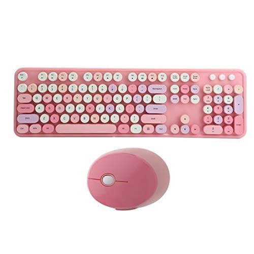Dilwe Draadloze Toetsenbord- en Muiscombinatie voor Windows, Retro Vintage Design Draadloos Toetsenbord en Muispakket met USB-ontvanger voor Computers, FN + Mutilmedia-knop Ergonomisch Toetsenbord(roos)