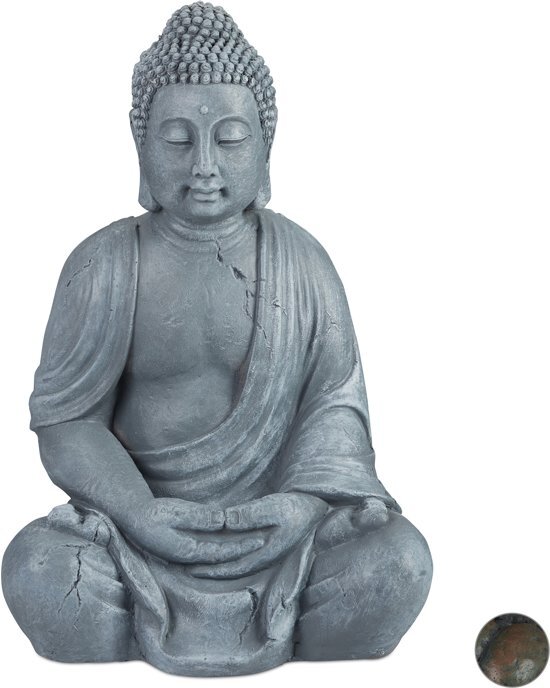 Relaxdays relaxdays boeddha beeld - 70 cm hoog - tuindecoratie - tuinbeeld - Boeddhabeeld - zittend Lichtgrijs