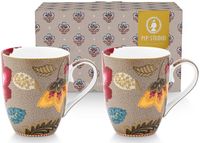 Pip Studio Blooming Tales khaki - Mokken set van 2 - geschenkdoos - Porselein