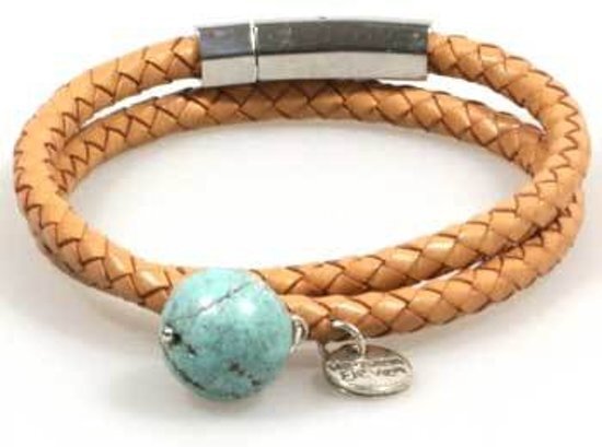 Heaven Eleven - dames armband - Stoere leren wikkelarmband met turquoise steen