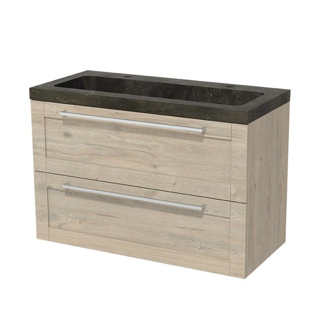 Maxaro Badkamermeubel 100cm Modulo Lichtgrijs Eiken 2 lades Kader Wastafel Natuursteen Blue Stone