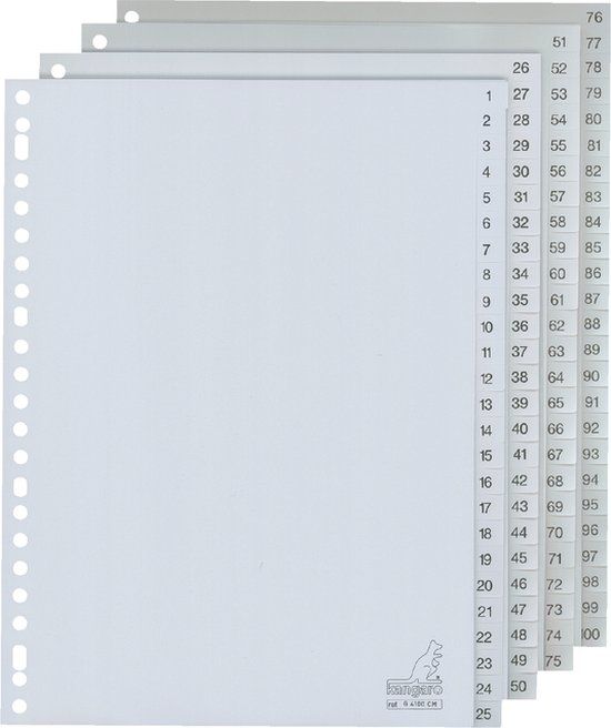 Kangaro tabbladen - A4 - PP 120 micron - grijs - 23-gaats - 100-delig cijfers