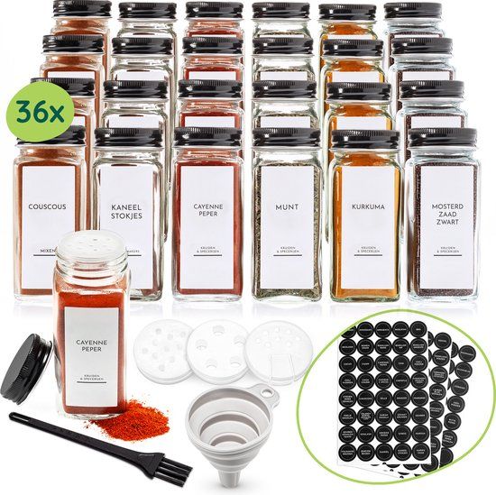 XIVADA Vierkante Kruidenpotjes met stickers - 36x - Glas - Zwart - Kruidenstrooiers