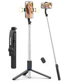 GRIFEMA Selfie Stick-statief met vullichten, 107 cm uitschuifbaar telefoonstatief met afstandsbediening, 3 kleuren en 6 helderheidsniveaus, 360 ° draaibare houder, draagbare selfiestick voor iPhone en Android