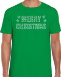 Bellatio Decorations Shoppartners Bv Glitter kersttrui t-shirt - groen - voor heren - Merry Christmas - glitter steentjes / rhinestones - kerstkleding M